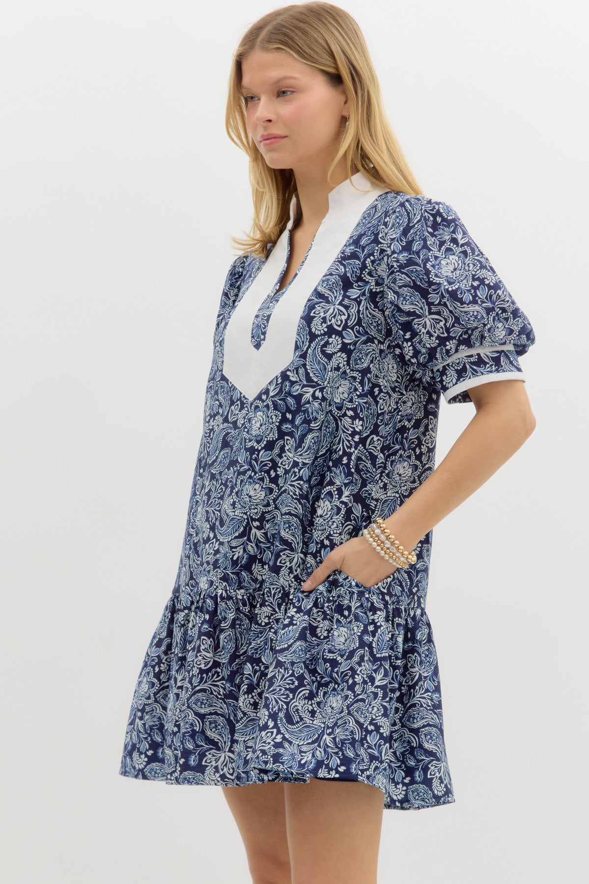 Navy Mini Dress with Paisley Print image 0