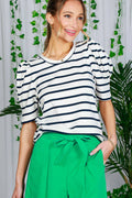 Stripe Print Scoop Neck Short Puff Sleeve Top
