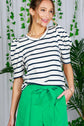 Stripe Print Scoop Neck Short Puff Sleeve Top