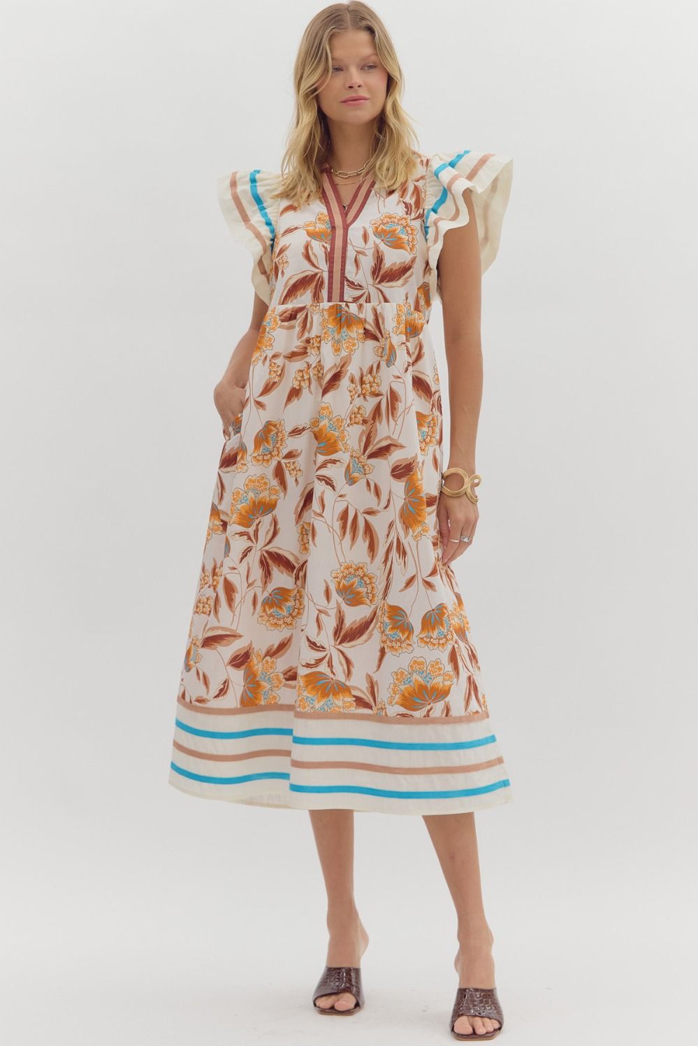 Cream Floral Print Flutter Sleeve Midi Dress image 5