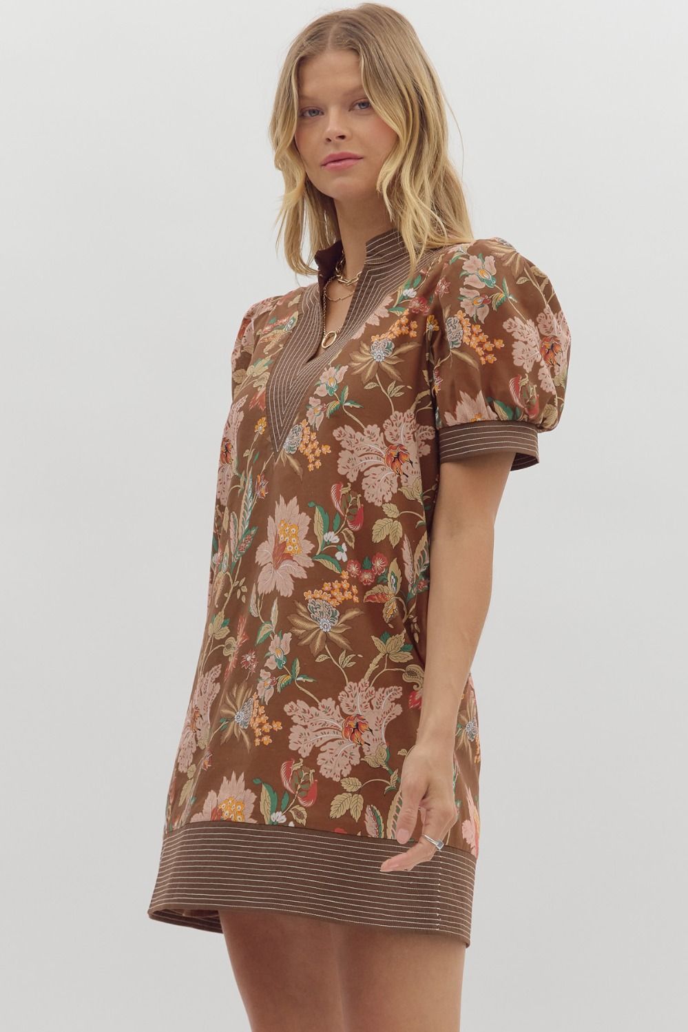 Brown Floral Puff Sleeve Pullover Mini Dress image 3