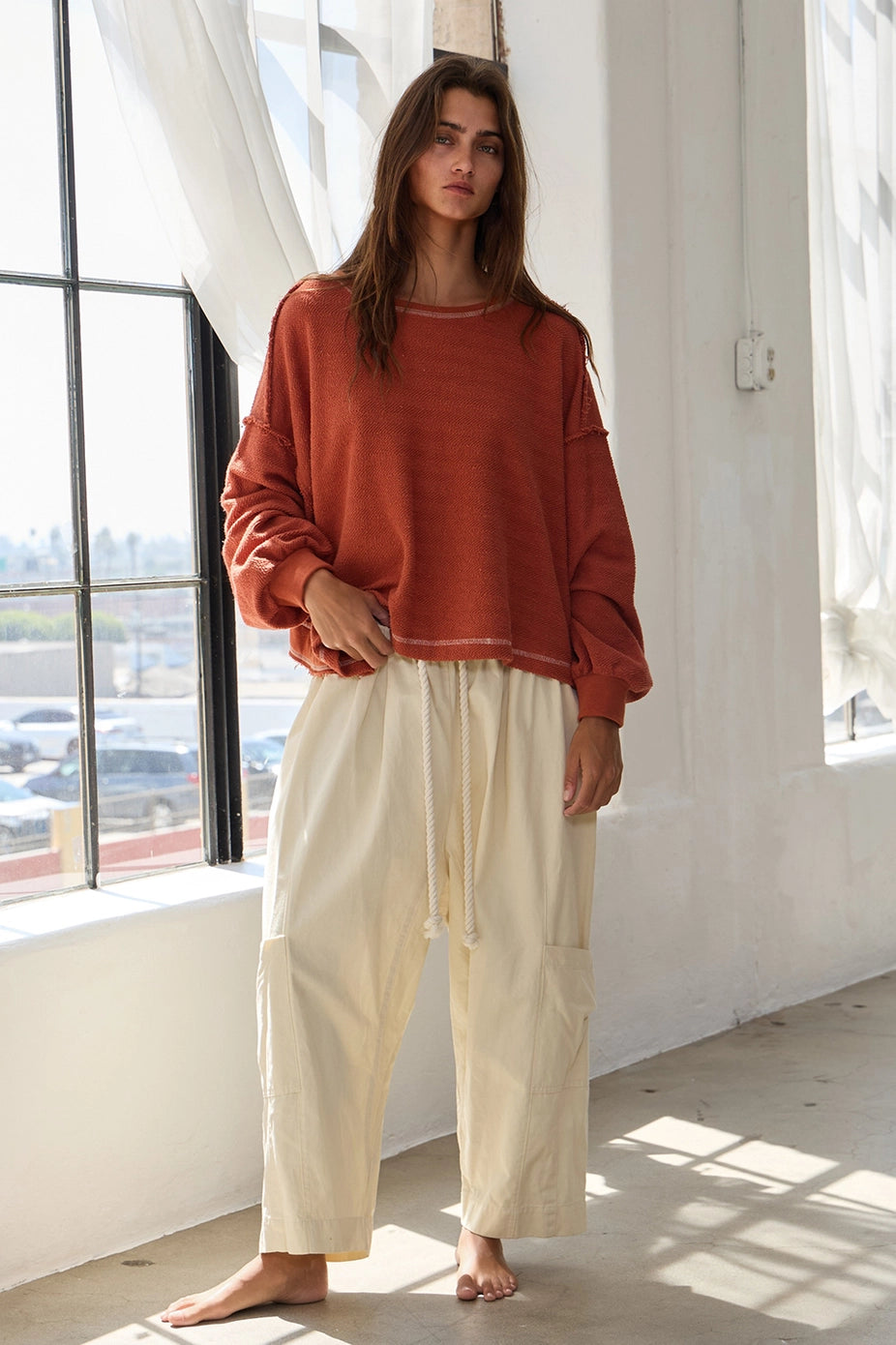 RUST OVERLAP OPEN BACK OVERSIZED REVERSE STICH TOP image 0