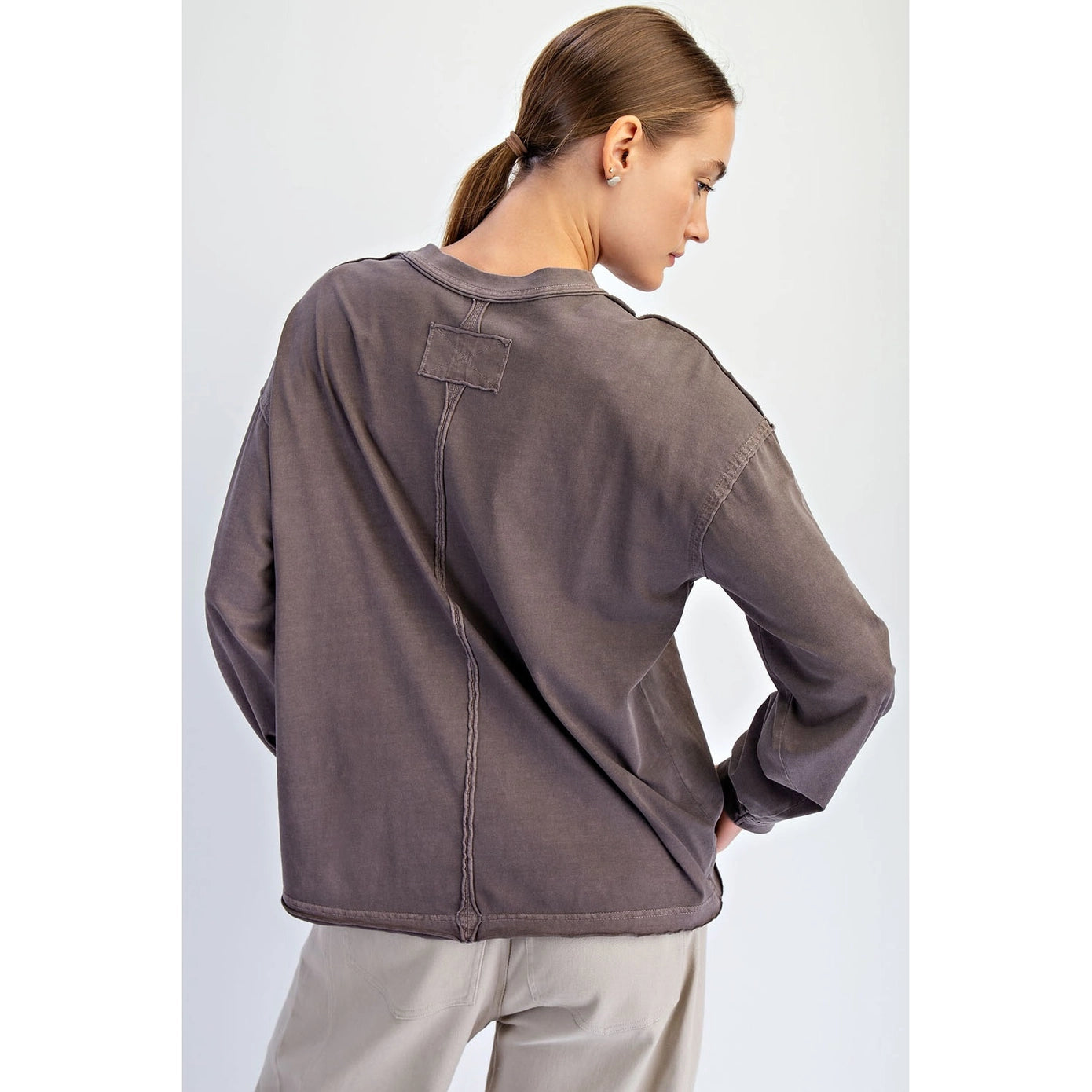 MOCHA OVERSIZED COTTON SLUB LONG SLEEVE TOP image 3