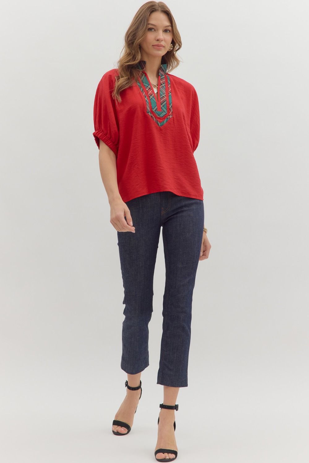 Red Dolman Top Featuring Plaid Band Accent image 1