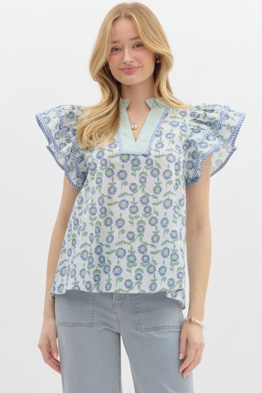Floral Print V-neck Top with Ribbon Detail image 0