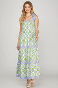 Green & Blue Printed Maxi with Stripe Tie Straps