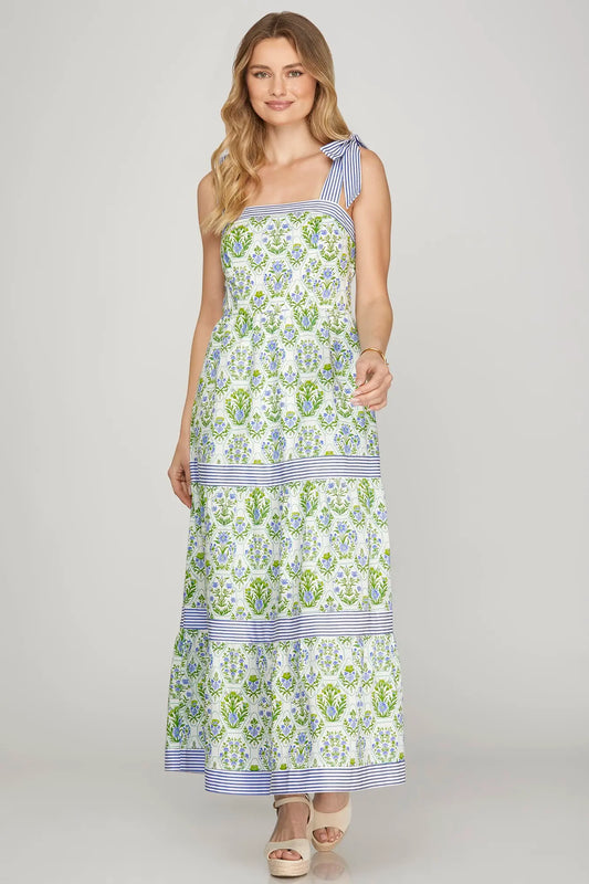 Green & Blue Printed Maxi with Stripe Tie Straps