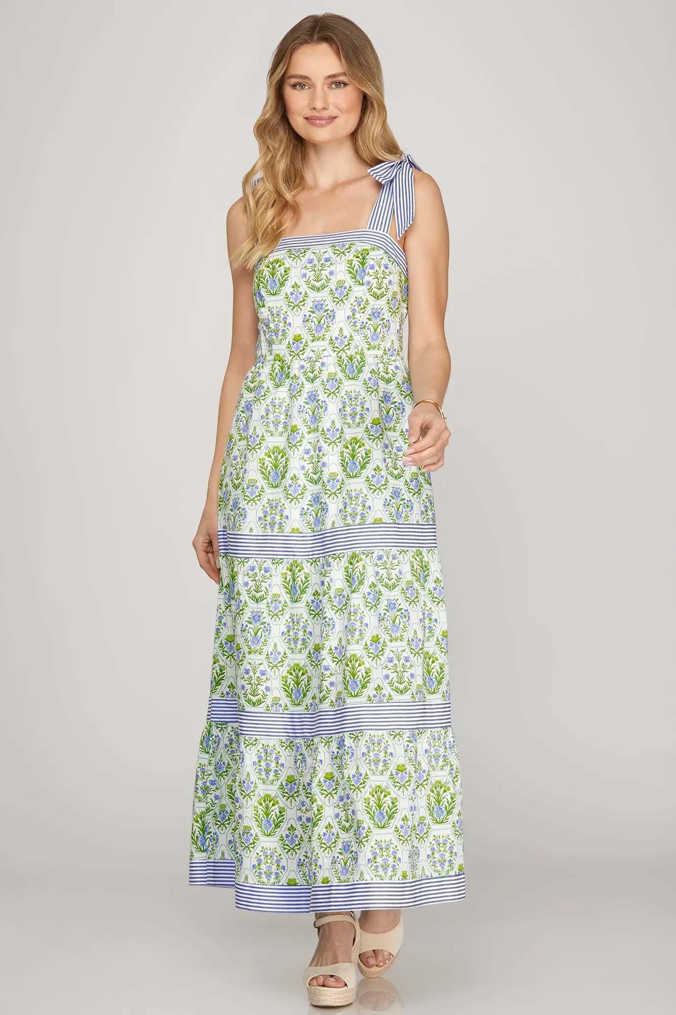 Green & Blue Printed Maxi with Stripe Tie Straps