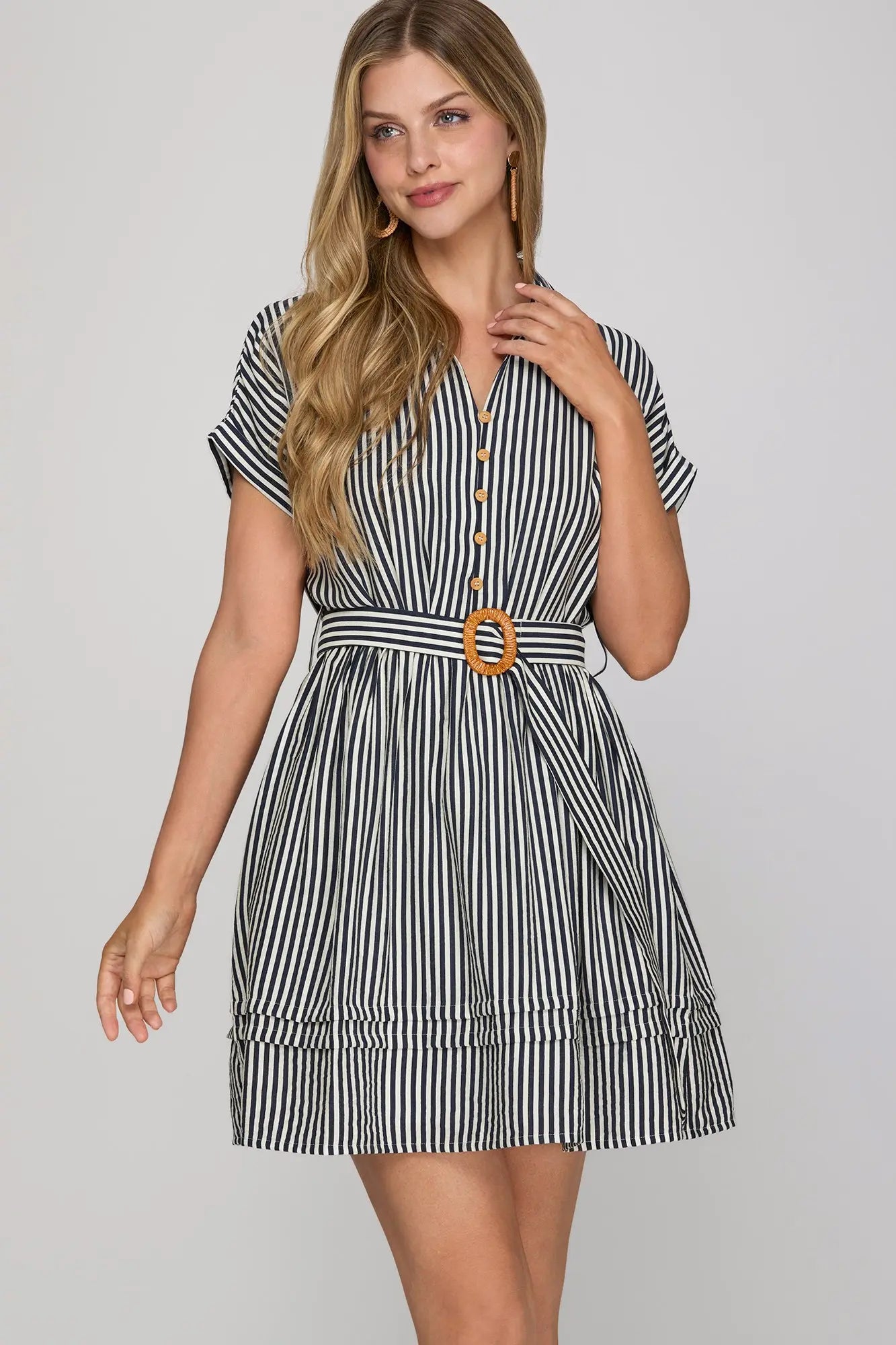 Navy Striped Belted Mini Dress