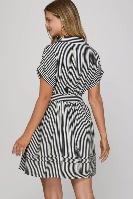 Navy Striped Belted Mini Dress