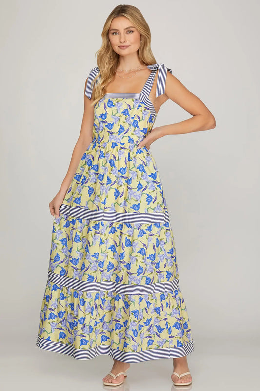 Blue Floral Tie Shoulder Maxi Dress