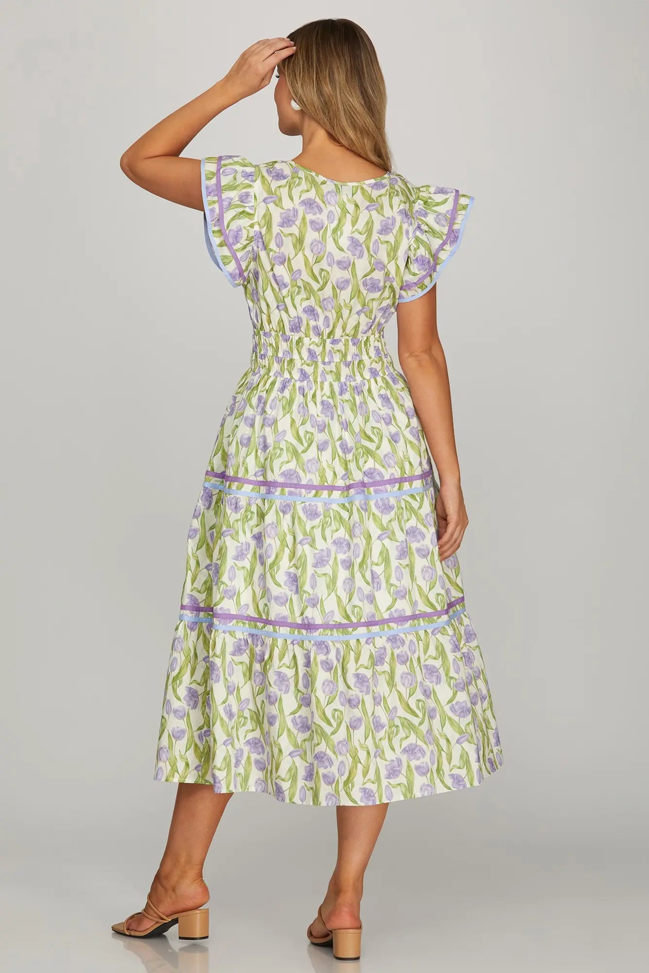 Floral Ruffle Sleeve Tiered Midi Dress Contrast Binding