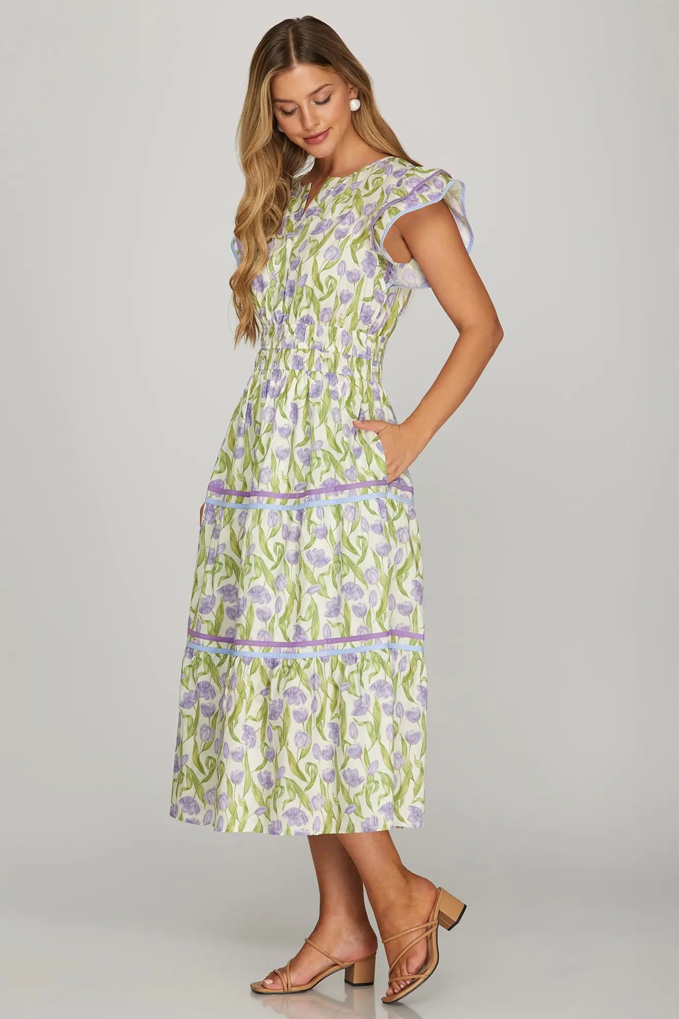Floral Ruffle Sleeve Tiered Midi Dress Contrast Binding