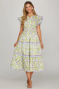 Floral Ruffle Sleeve Tiered Midi Dress Contrast Binding