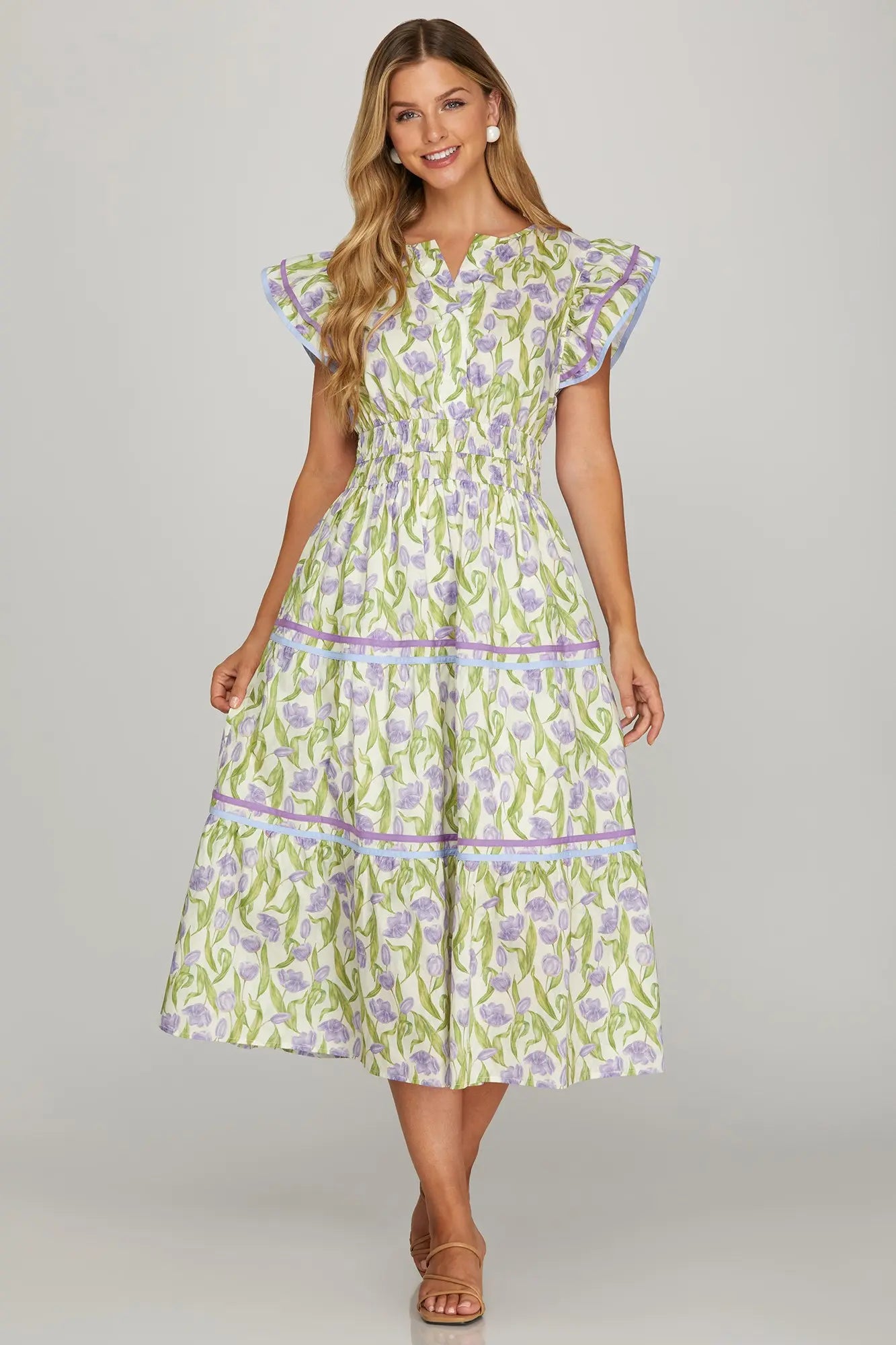 Floral Ruffle Sleeve Tiered Midi Dress Contrast Binding