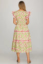 Floral Ruffle Sleeve Tiered Midi Dress Contrast Binding