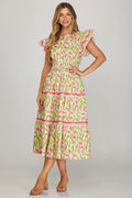 Floral Ruffle Sleeve Tiered Midi Dress Contrast Binding