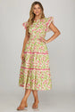 Floral Ruffle Sleeve Tiered Midi Dress Contrast Binding