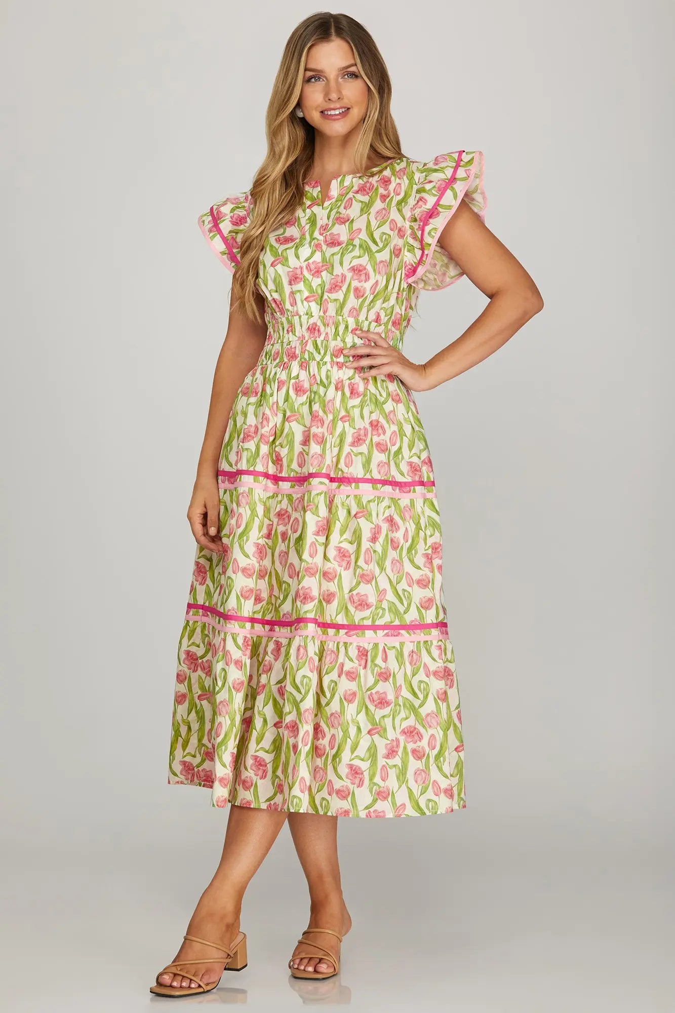 Floral Ruffle Sleeve Tiered Midi Dress Contrast Binding