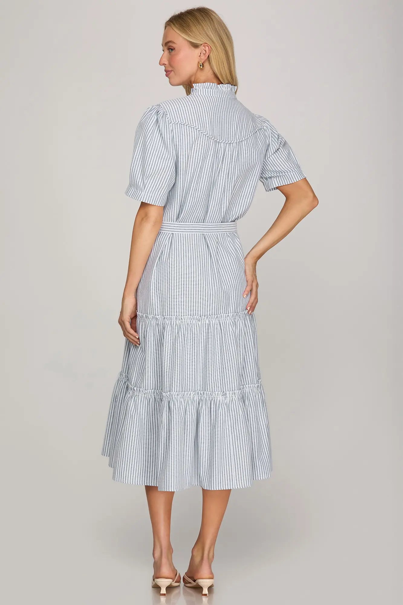 SHORT SLEEVE STRIPED MIDI DRESS WITH POCKETS
