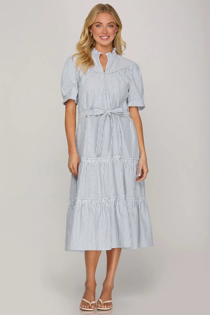 SHORT SLEEVE STRIPED MIDI DRESS WITH POCKETS