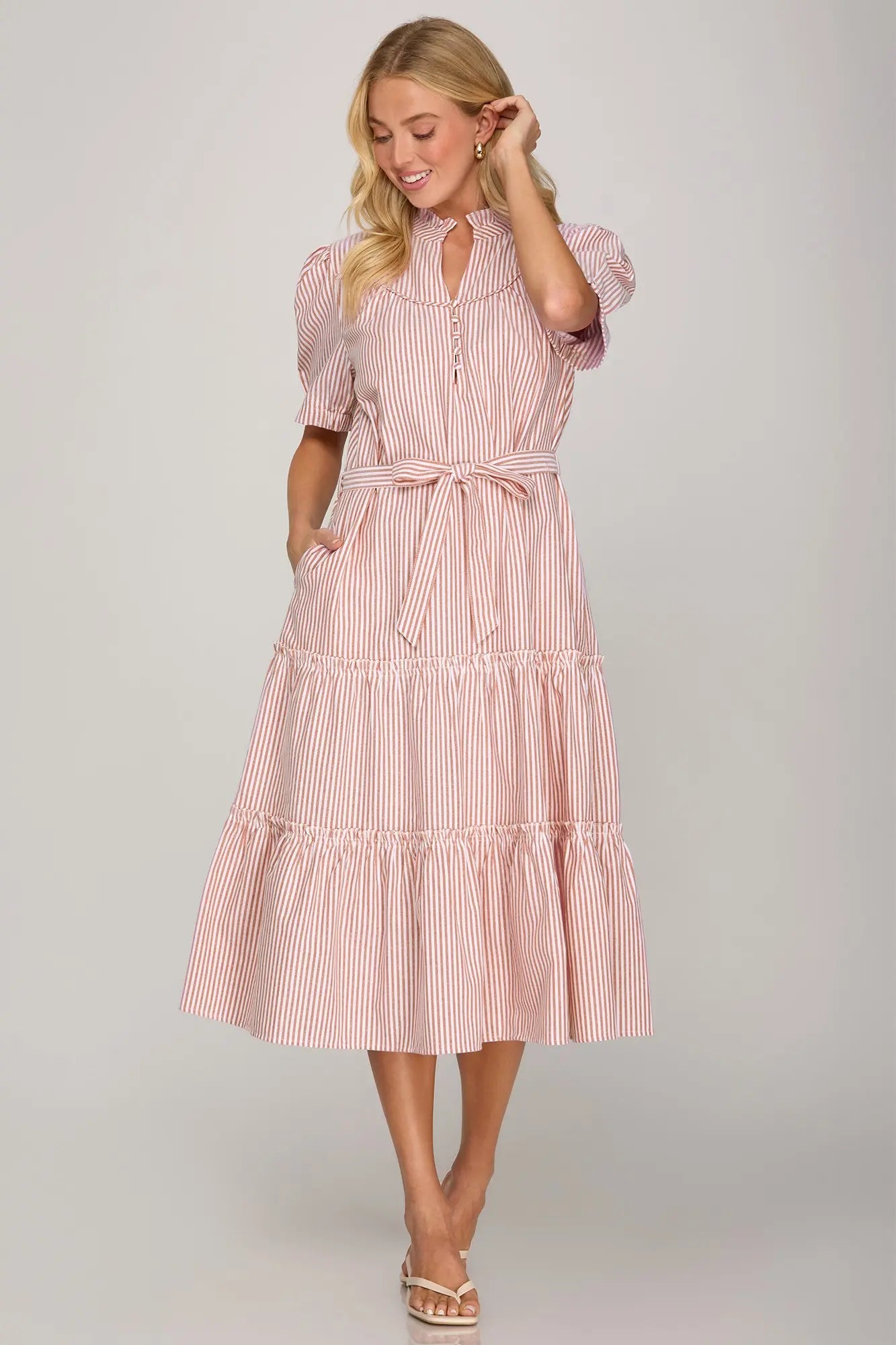SHORT SLEEVE STRIPED MIDI DRESS WITH POCKETS