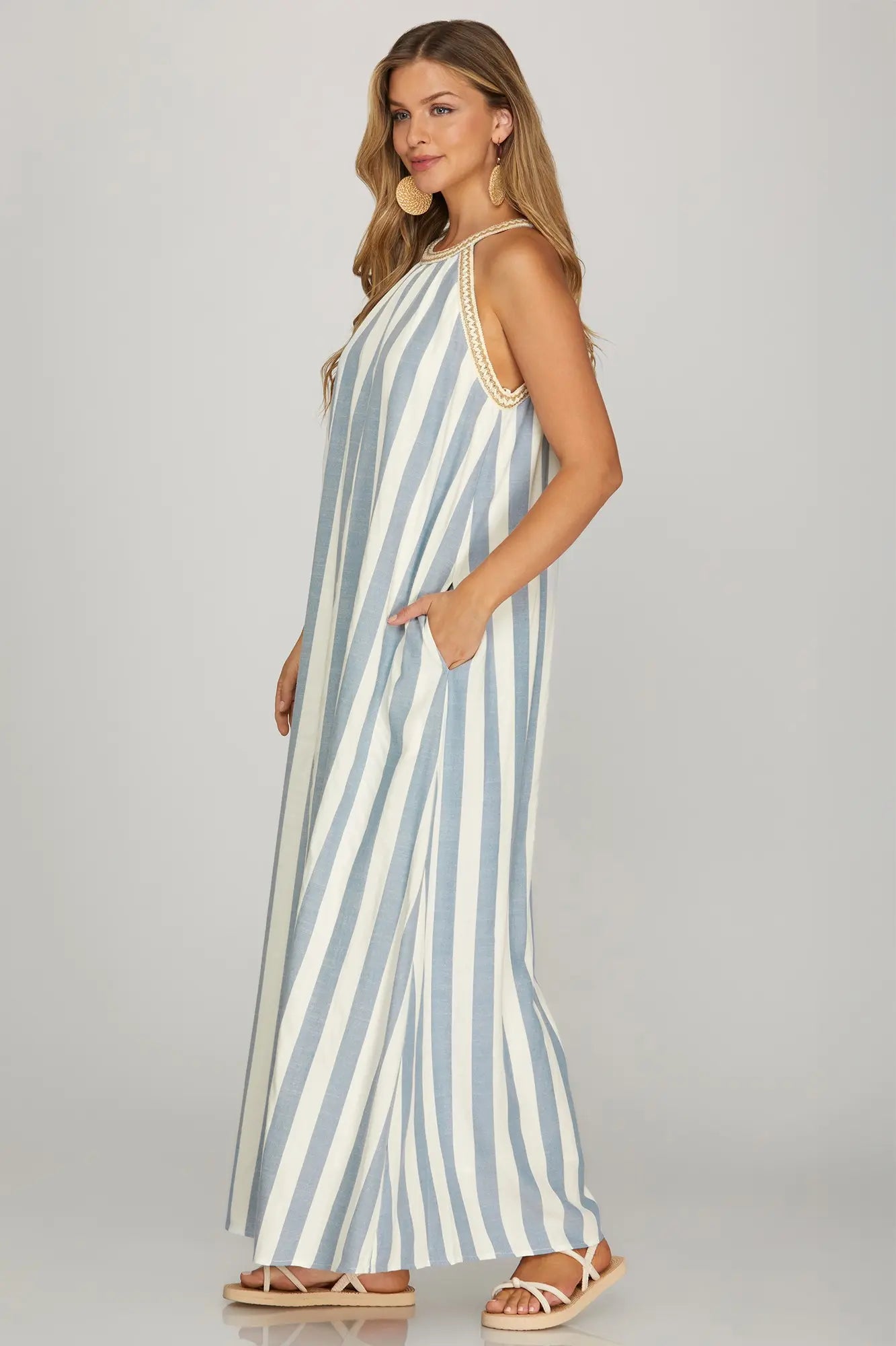 Blue Halter Neck With Trim Stripe A Line Maxi Dress