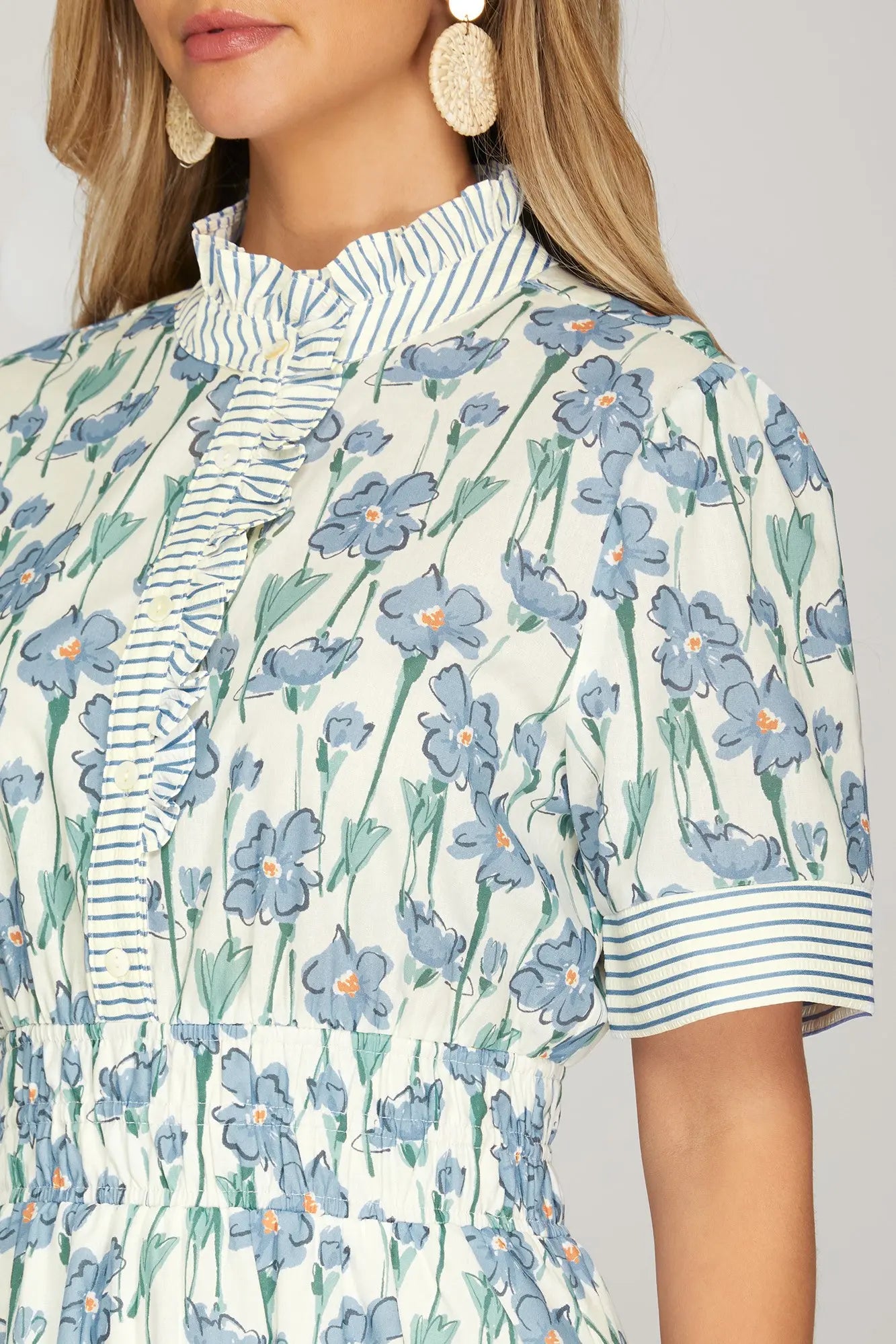 Floral Mini with Stripe Ruffle Neck