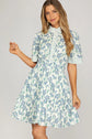 Floral Mini with Stripe Ruffle Neck