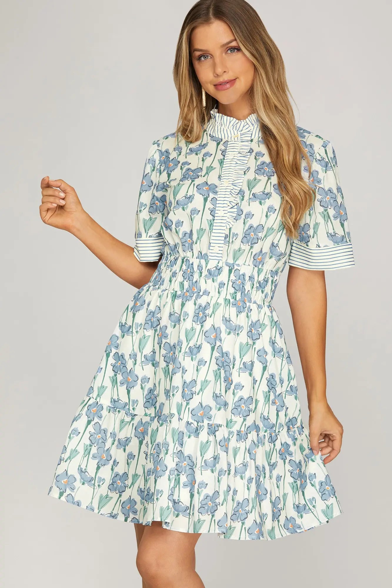 Floral Mini with Stripe Ruffle Neck