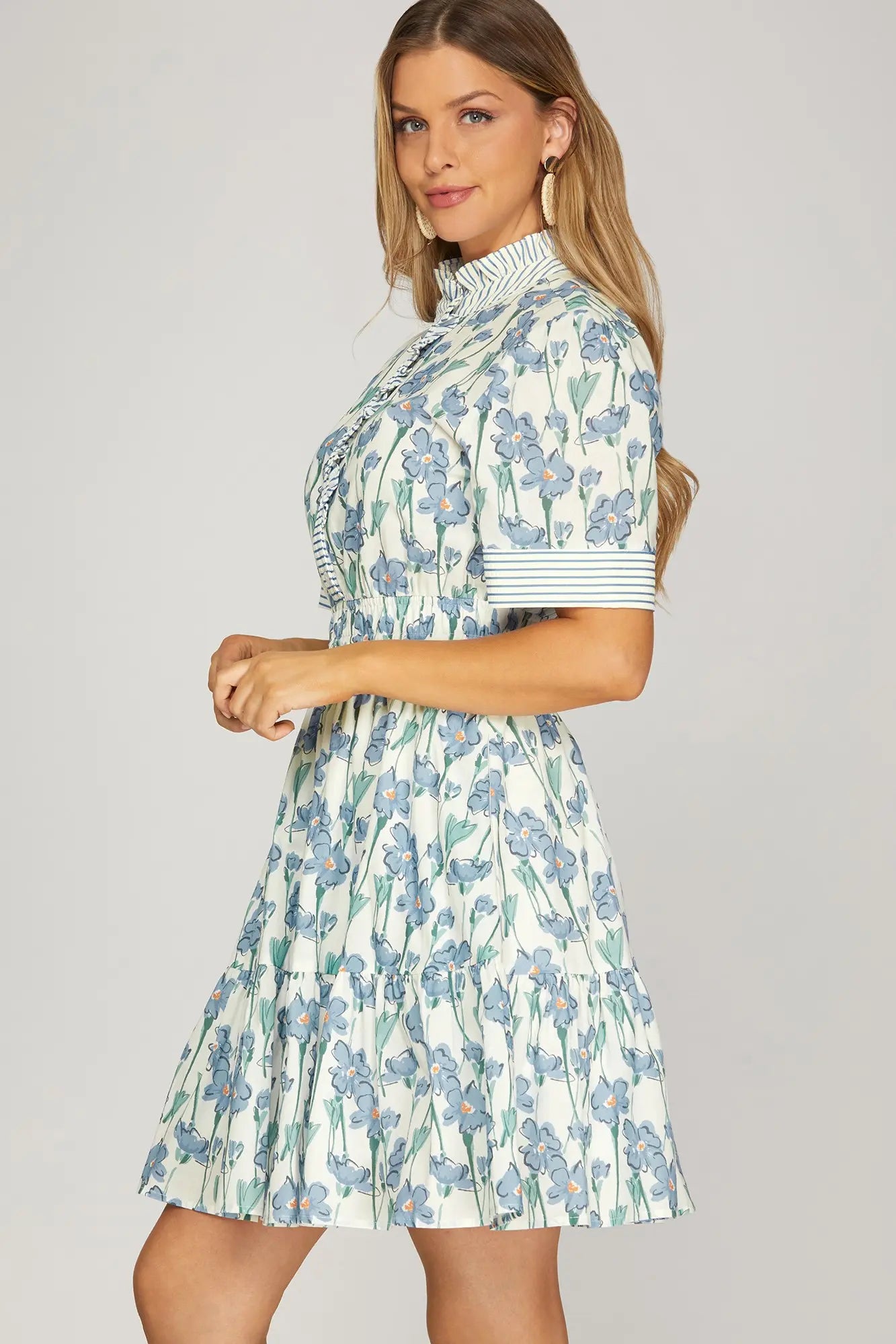 Floral Mini with Stripe Ruffle Neck
