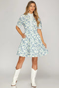 Floral Mini with Stripe Ruffle Neck