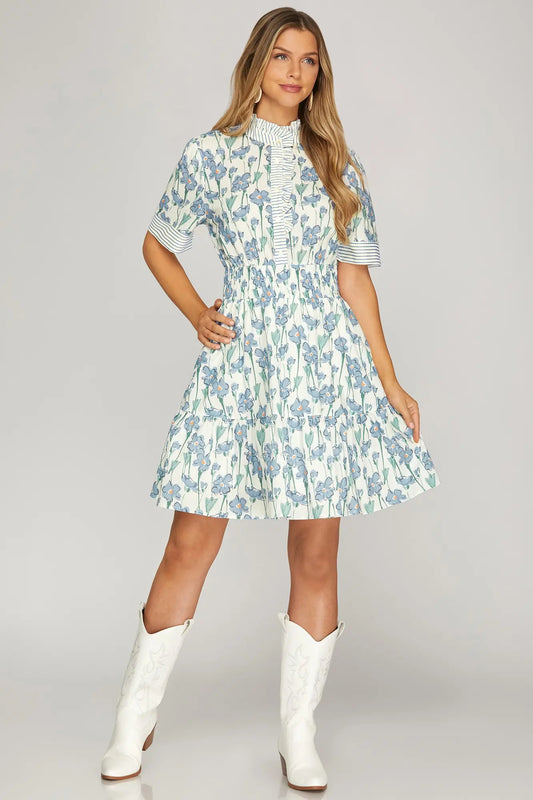 Floral Mini with Stripe Ruffle Neck