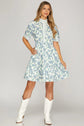 Floral Mini with Stripe Ruffle Neck