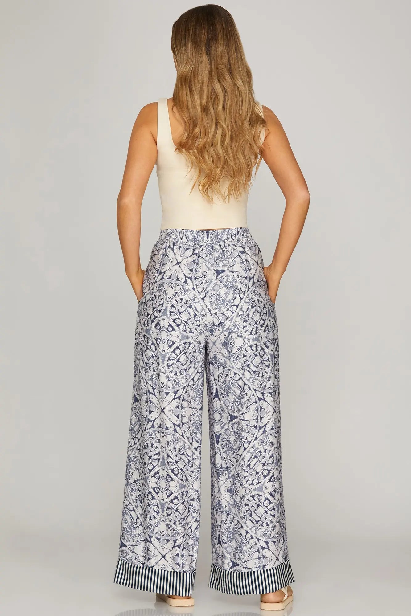 Blue Woven Print Wide Leg Pant