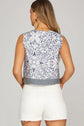 Blue Printed Sleeveless Top with Back Buttons