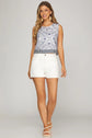 Blue Printed Sleeveless Top with Back Buttons