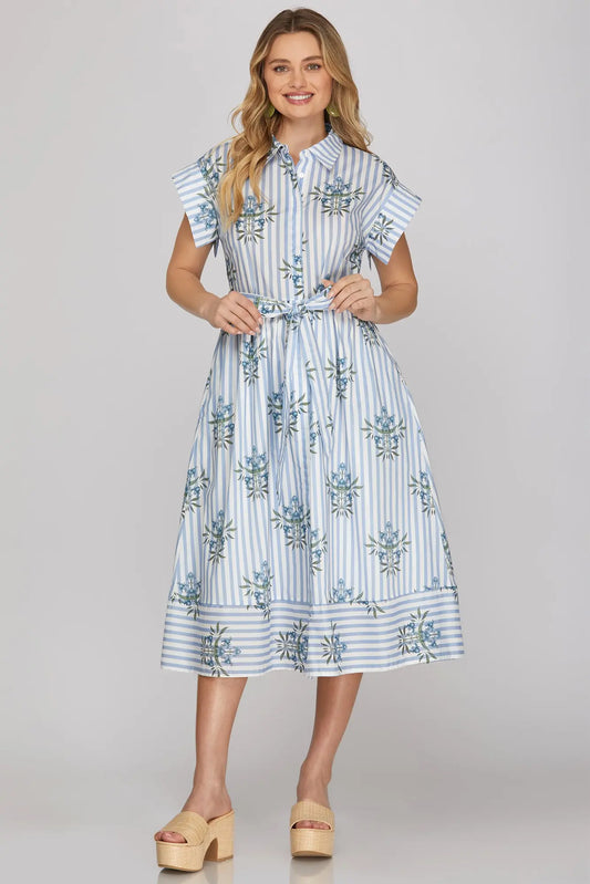 Drop Shoulder Collared Waist Tie Midi