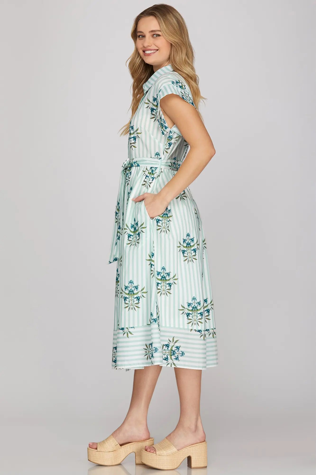 Drop Shoulder Collared Waist Tie Midi