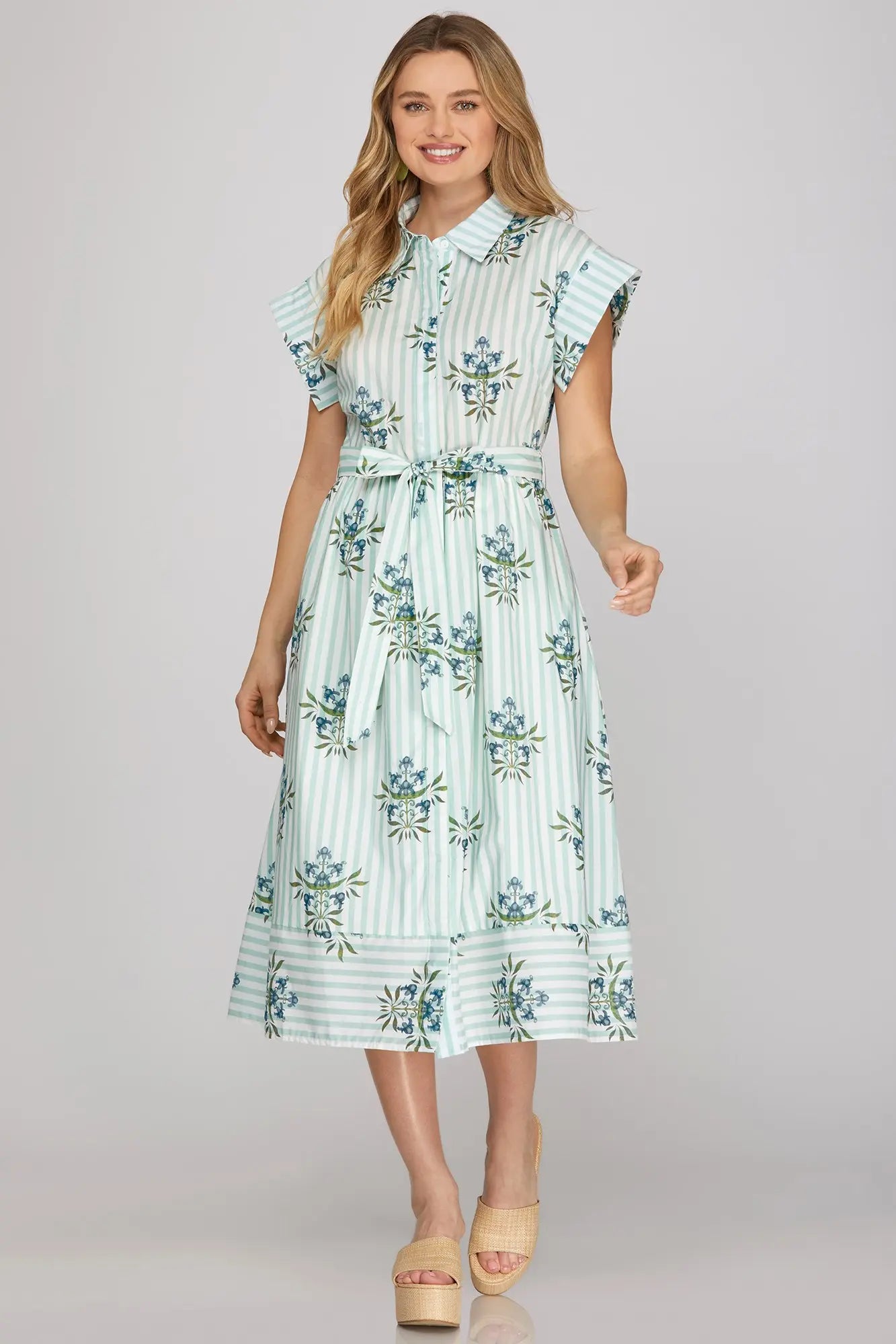 Drop Shoulder Collared Waist Tie Midi