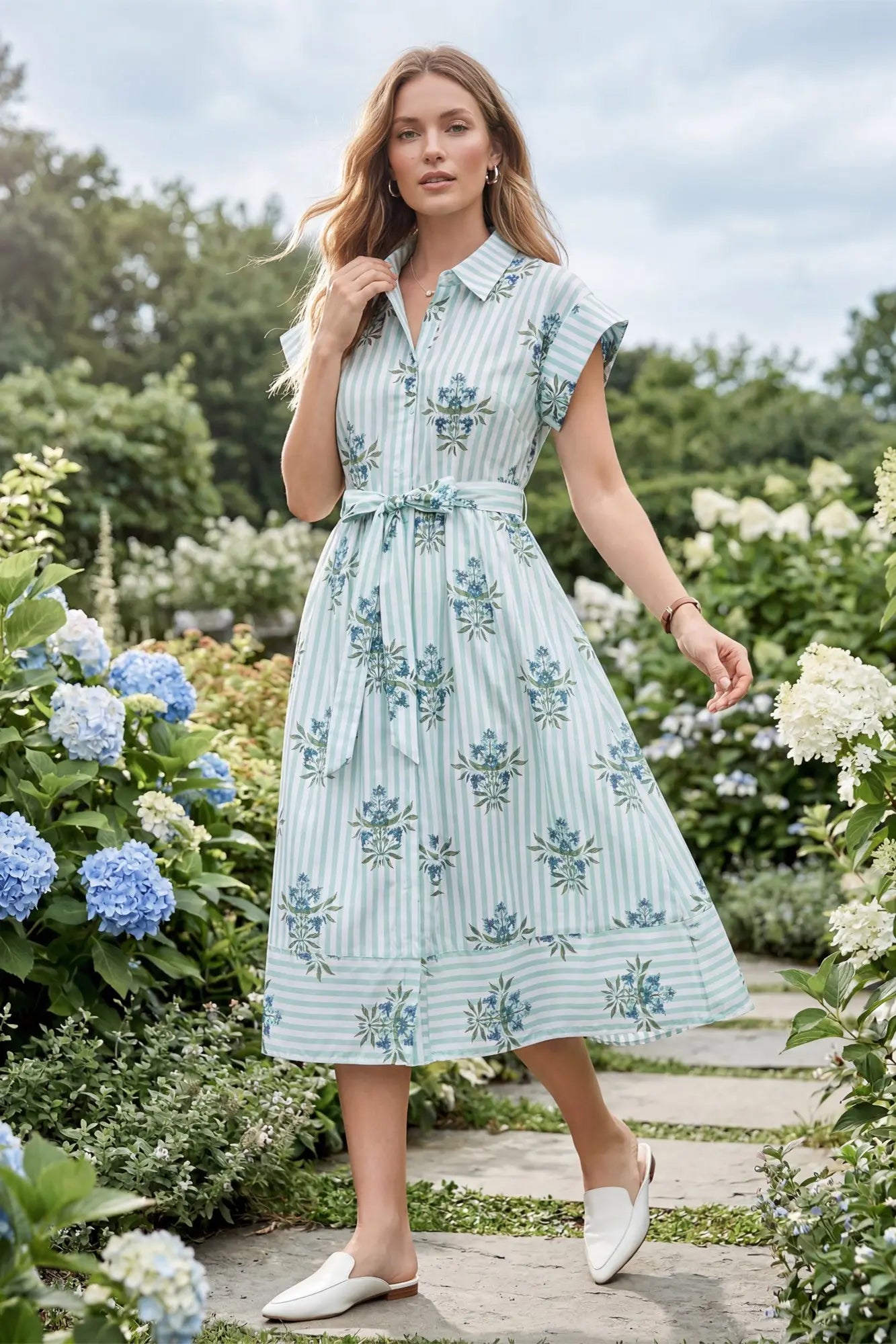 Drop Shoulder Collared Waist Tie Midi