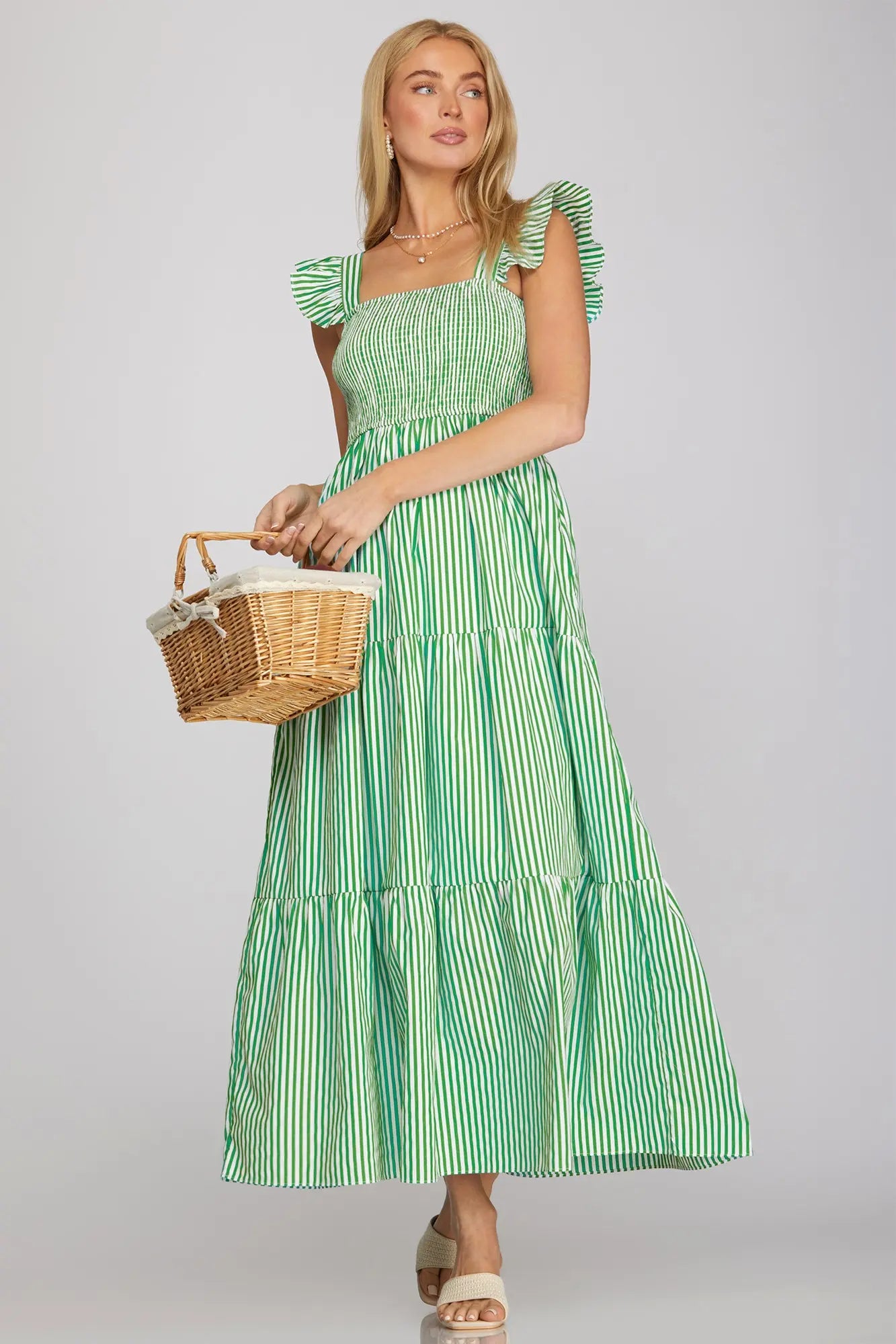 Ruffled Sleeve Square Neck Smocked Maxi