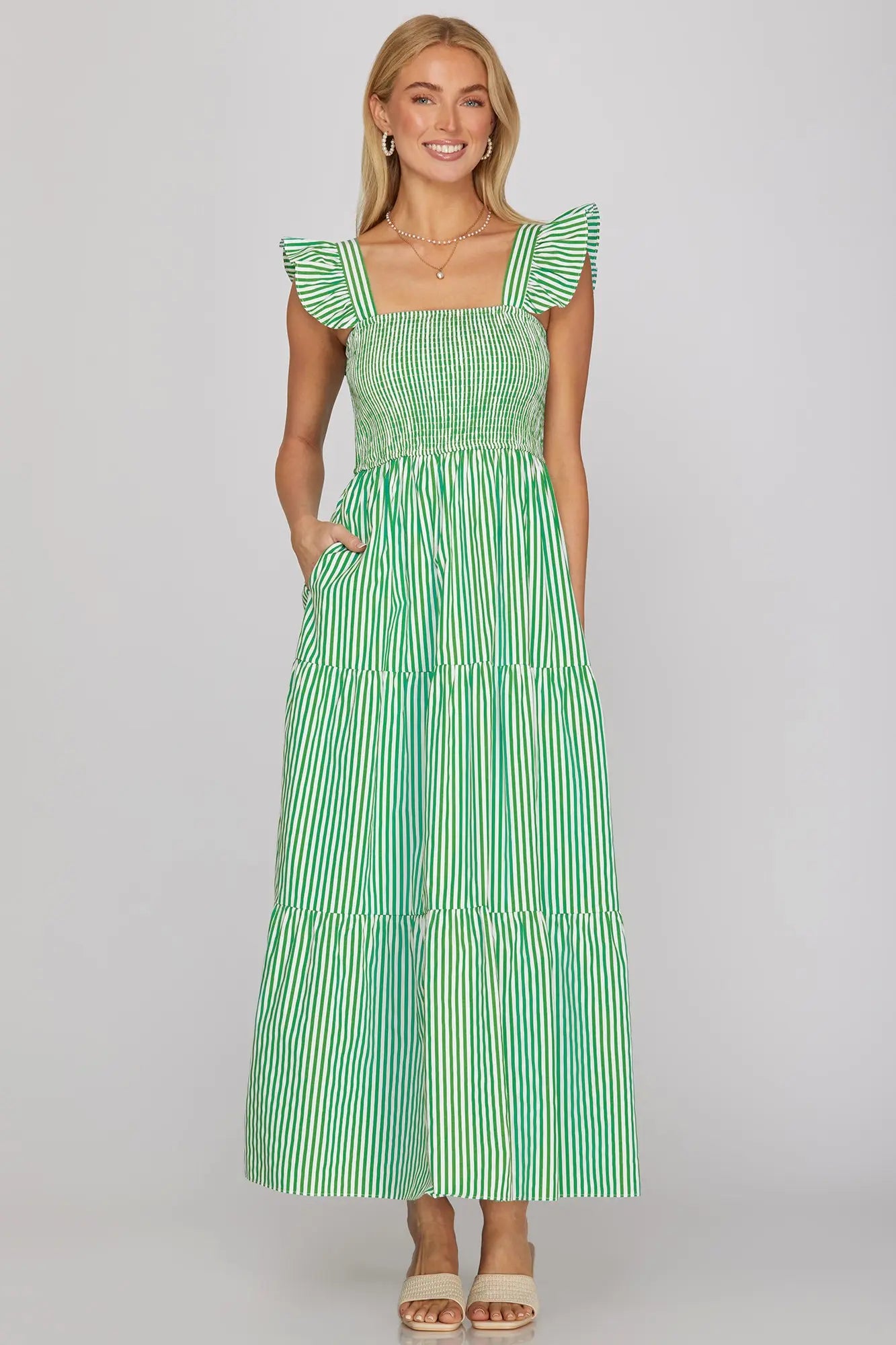 Ruffled Sleeve Square Neck Smocked Maxi
