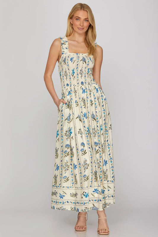 Blue Sleeveless Smocked Maxi Dress