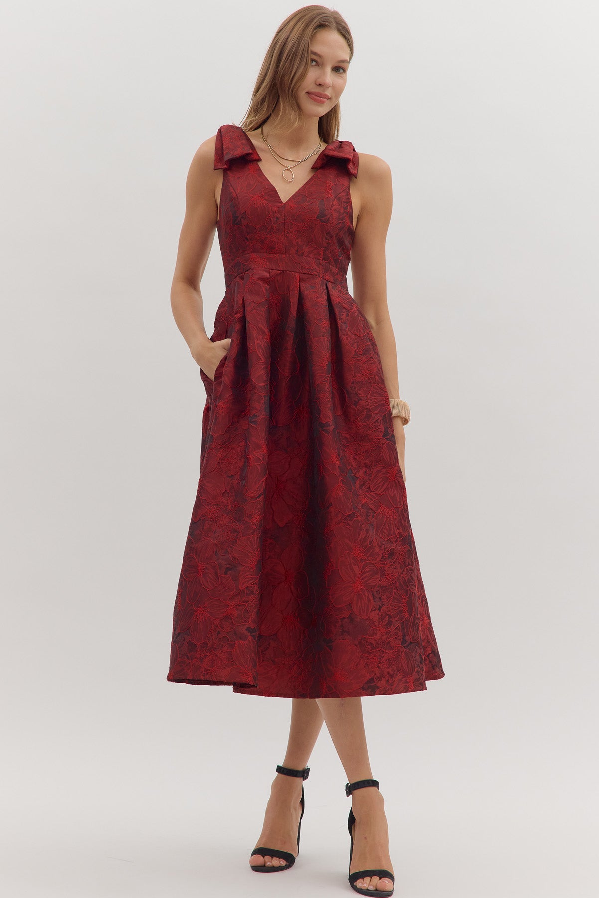 Red Embroidered Bow Sleeveless Midi image 0
