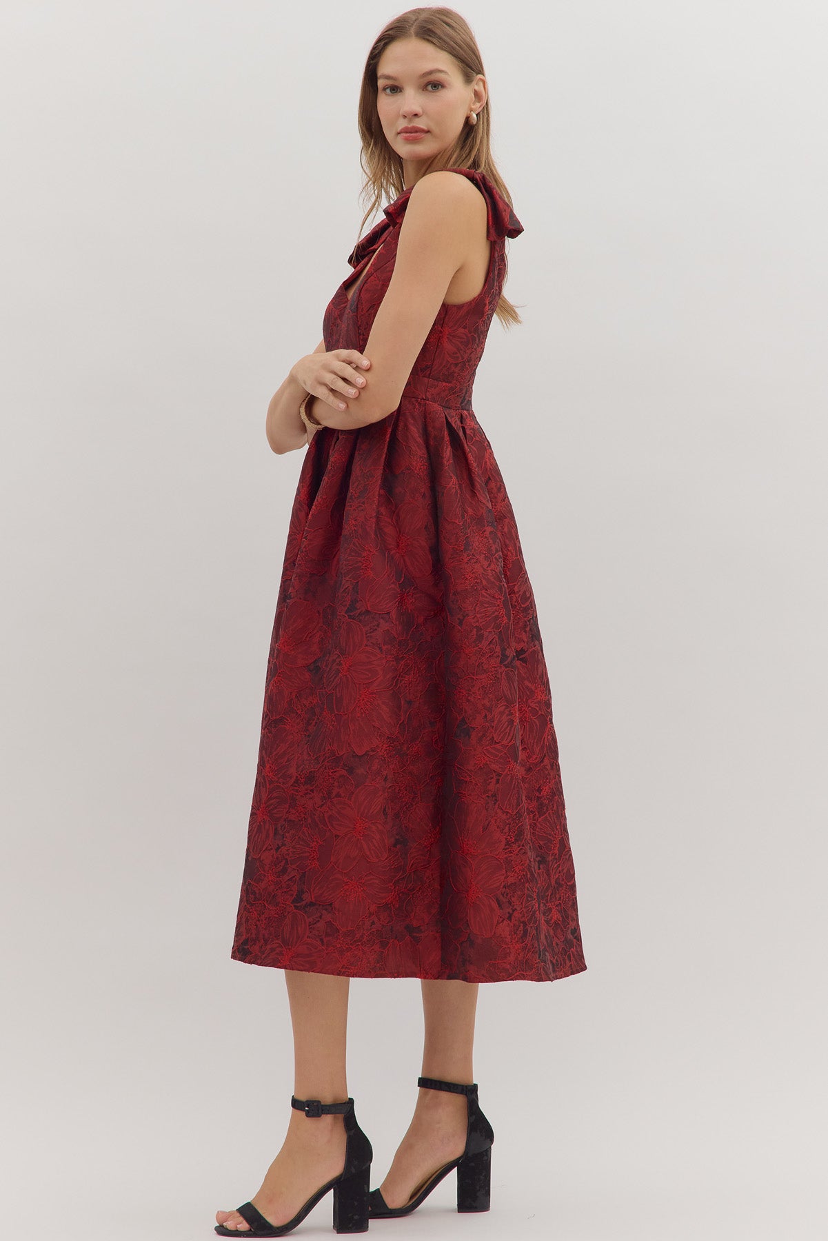Red Embroidered Bow Sleeveless Midi image 3