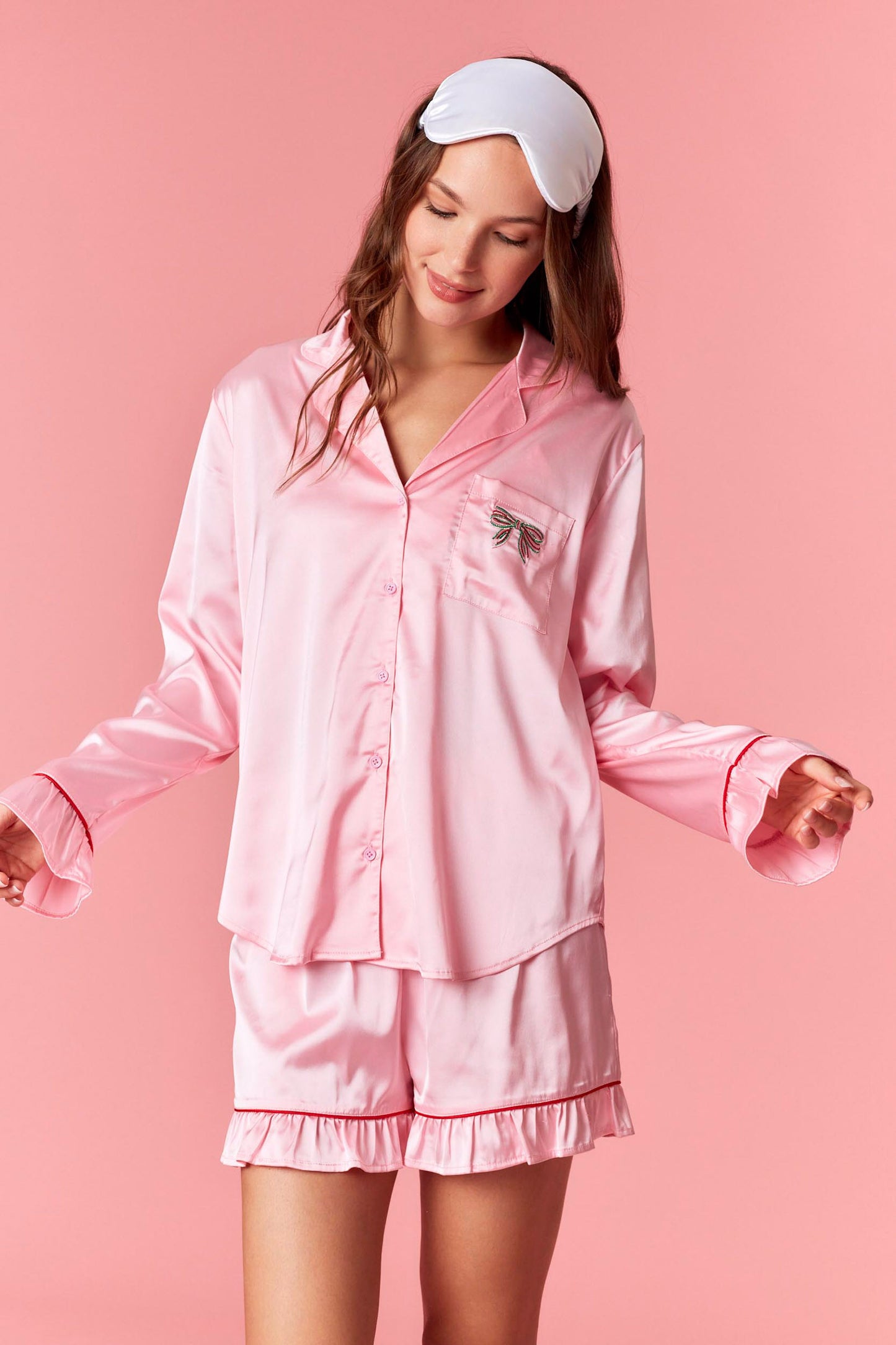 Pink Satin PJ Set with Bow on Pocket image 3