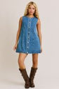 SLEEVELESS ROUND NECK BUTTON DOWN DENIM MINI DRESS image 0