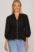 BLACK 3/4 SLEEVE SMOCKED WAIST FRONT ZIP TOP image 0