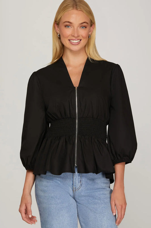 BLACK 3/4 SLEEVE SMOCKED WAIST FRONT ZIP TOP image 0